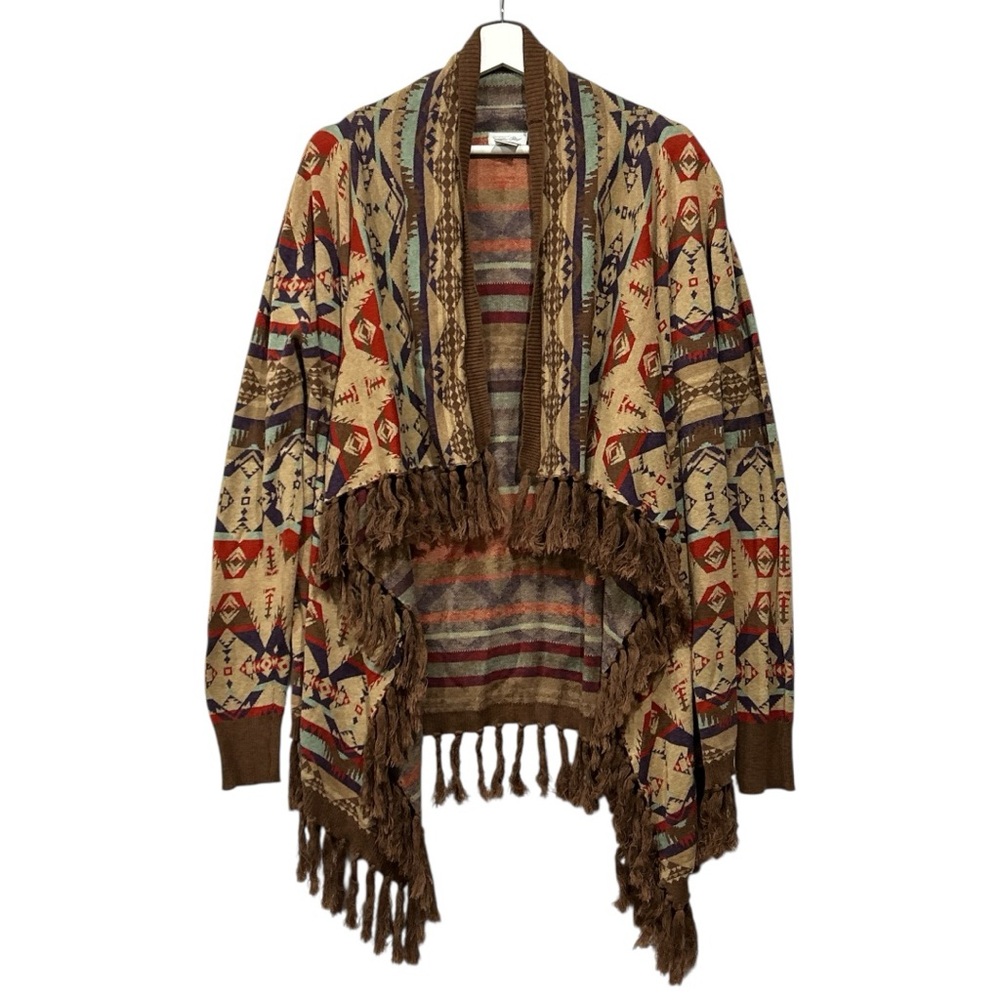 Tasha Polizzi Harvest Cardigan Brown Southwestern Aztec Draped Fringe Medium